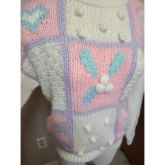 Vintage 90s pastel bauble bobble knit sweater with floral details Large - Picture 2 of 6